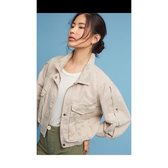 Anthropologie Hei Hei Women's Jacket Taupe Camo Crop Linen Size XSP NWT - Picture 5 of 12